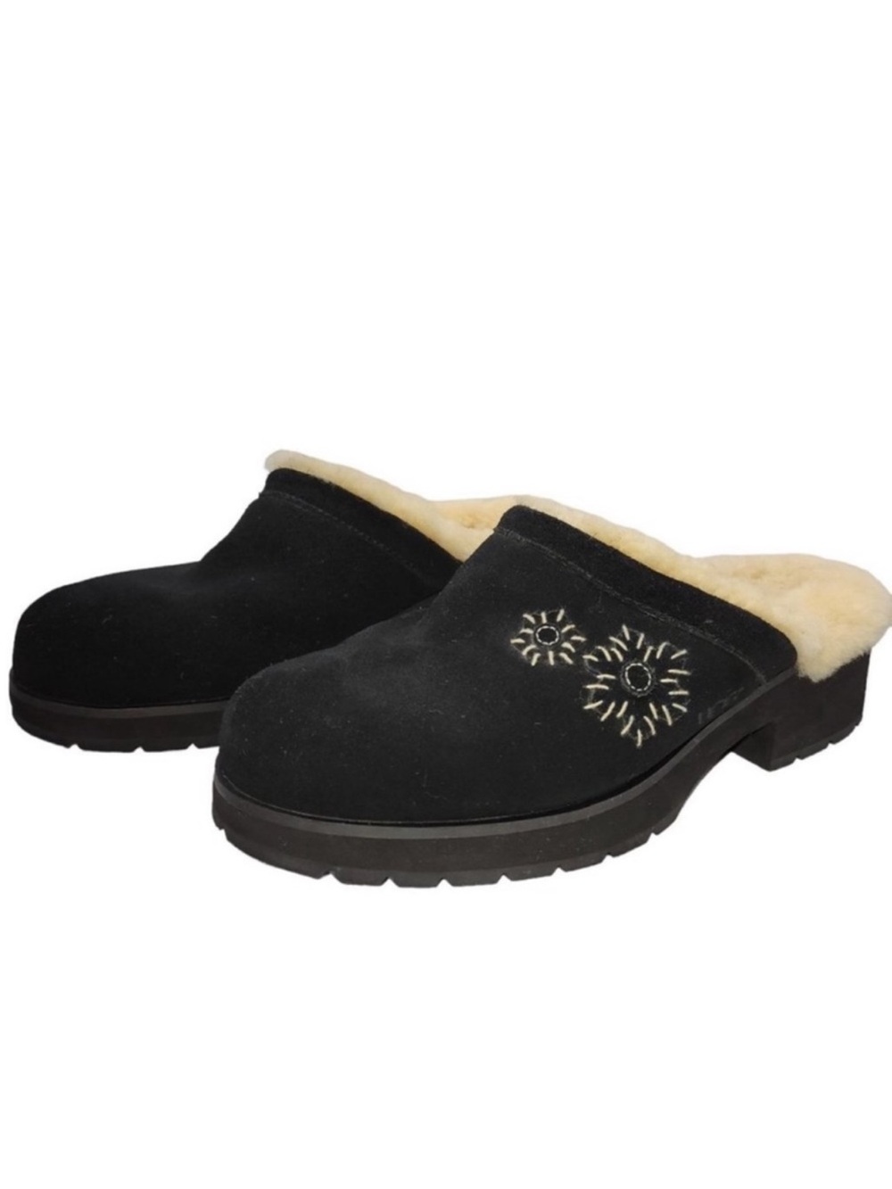 UGG Solvang black Suede Embroidered Floral
Sheepskin Clogs Fur Lined